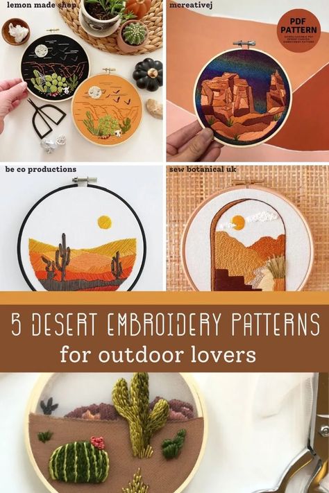 Desert Scene Embroidery, Desert Landscape Embroidery, Cactus Embroidery Designs, Desert Embroidery Pattern, Free Embroidery Patterns Printables, Desert Embroidery, Desert Landscape Art, Needle Painting, Cactus Embroidery