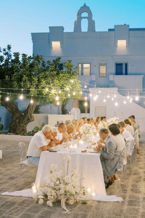 Wedding dinner, fairy lights, dinner under the stars. Masseria in Puglia. Wedding in Italy - Wedding planner Italy Puglia Aesthetic, Puglia Wedding, 2025 Aesthetic, Dinner Under The Stars, Weddings In Italy, Intimate Wedding Reception, Wedding In Italy, All White Wedding, Beautiful Fairy