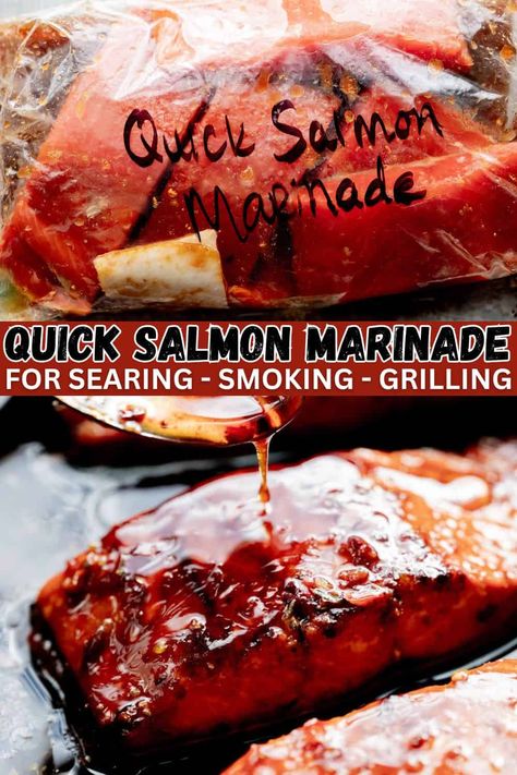 Quick Salmon Marinade for smoking, searing, or grilling salmon pinterest pin with text overlay. Best Salmon Marinade Grilled, Smoked Salmon Marinade Recipes, Grilled Salmon Marinade Recipes, Quick Salmon Marinade, Smoked Salmon Marinade, Salmon Marinade Recipes Grilled, Marinades For Salmon, Seafood Marinades, Easy Salmon Marinade