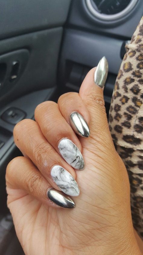 Grey Marble Nail Designs, Chrome And Marble Nails, Chrome Marble Nails, Marble Chrome Nails, Silver Marble Nails, Gray Marble Nails, Silver Chrome Nails Designs, Grey Chrome Nails, Grey Marble Nails