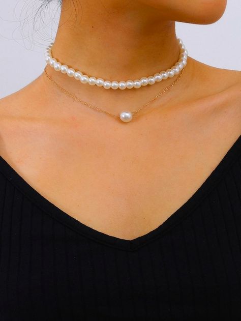 2pcs Faux Pearl Decor Necklace | SHEIN USA Vintage Beaded Jewelry, Soft Necklace, Pearl Charm Necklace, Rectangle Necklace, Embellished Fashion, Fancy Jewelry Necklace, Pretty Jewelry Necklaces, Motifs Perler, Fancy Necklace