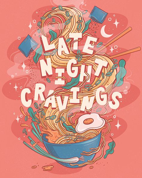 Illustrated Lettering, Illustrative Lettering, Food Lettering, Night Cravings, Illustration Design Graphique, Food Illustration Design, Digital Lettering, Late Night Cravings, Typography Artwork