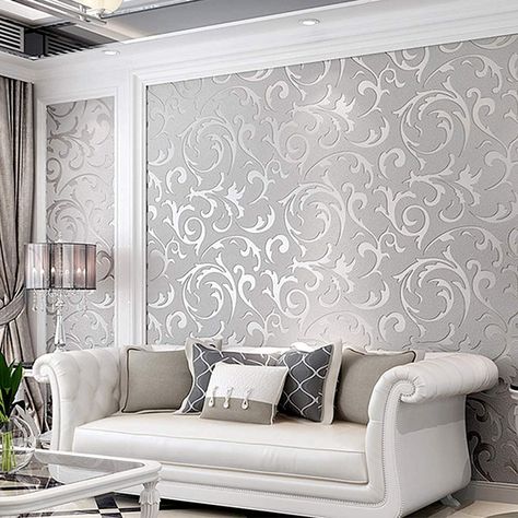 Wallpaper Ideas For Living Room, Silver Wallpaper Living Room, Victorian Wallpaper, Silver Wallpaper, Ideas For Living Room, Embossed Wallpaper, Tv Background, Metallic Wallpaper, Glitter Wallpaper