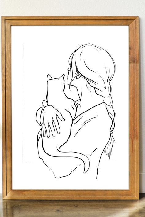 Cat Girl Outline Wall Art Print, Digital Download Printable Black & White Minimal Drawing Lines Poster, Cat Lovers, Female Gift Girl Holding Cat Drawing, Cat And Girl Drawing, Girl With Cat Drawing, One Line Drawing Cat, Cats To Draw, Minimal Drawing, Cat Outline, Drawing Lines, Poster Cat