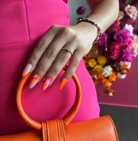 Tianails on Instagram: "Pink & Orange mix & match🧡💗 We celebrated my bridal shower over the weekend with the most amazing set up thanks to @michicweddingsandevents and the cutest cake by @glace.cbr to match 🥹🧡💗 Of course I had to match my nails to the theme….but if you know me I always have my nails done on one hand and not the other 😬🤭 I find it veryyyy tricky as a right hander to use my left hand for nail art. So the compromise was press ons! I painted soft gel tips to match the orange Pink And Orange Shoes, Bridal Shower Nails, Soft Gel Tips, Nails Done, Bright Nails, Orange Shoes, Gel Tips, Orange Aesthetic, Press Ons