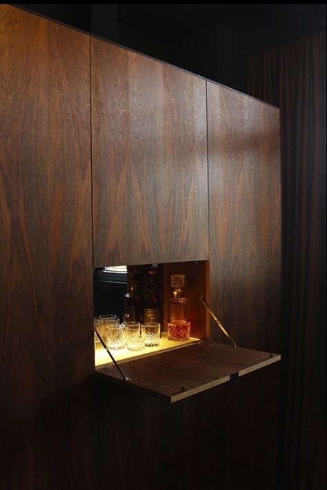 Hidden Bar Ideas For Home, Wooden Cupboard, Hidden Bar, Bg Design, Dark Interiors, Bar Cabinet, Cafe Interior, Mini Bar, Bar Design