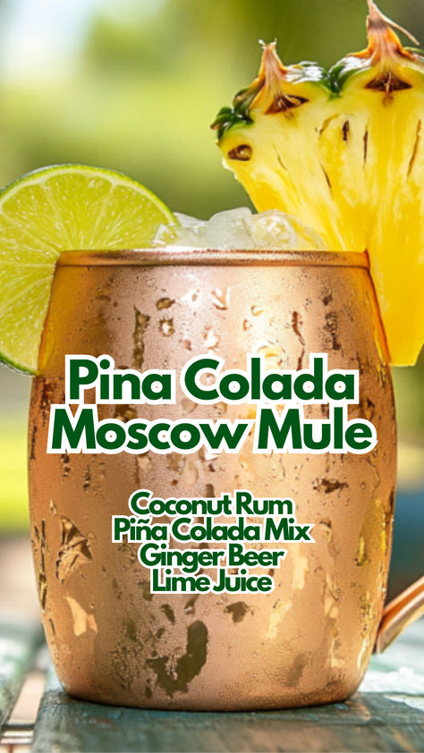 Pina Colada Moscow Mule Pina Colada Mix Recipe Drinks, Drinks With Ginger Beer, Coconut Rum Drinks Recipes, Mule Drink Recipes, Rum Mule, Moscow Mule Punch, Bartender Skills, Mule Variations, Alcohol Punch