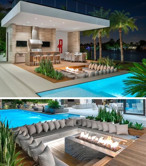 A Sunken Lounge Around A Fire Is A Great Way To Create A Relaxed Outdoor Vibe Sunken Lounge, Rumah Moden, House With Pool, Pool House Designs, House Ranch, Outdoor Lounge Area, Brick Garden, Outdoor Living Design, Luxury Pools