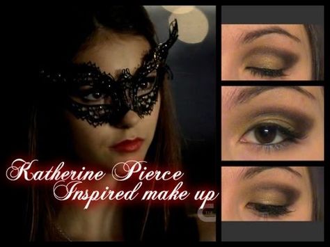 don't know how it is inspired by that mask.....the gold because you can see some of the skin around her eyes?  and then the black to symbolize the mask? Nina Dobrev As Katherine, Makeup Masquerade, Vampire Diaries Nina Dobrev, Vampire Diaries Makeup, Masquerade Makeup, Vampire Diaries Fashion, Natural Fake Eyelashes, Katerina Petrova, Vampire Diaries Stefan