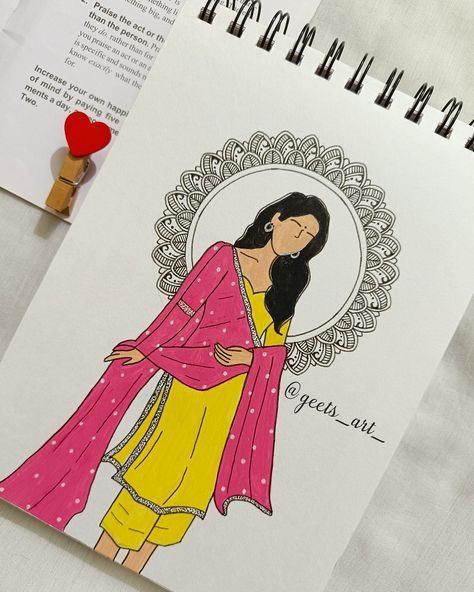 Aesthetic Art Crafts, Navratri Doodle, Cute Drawings With Quotes, Girly Drawings Aesthetic, Skecth Arts Aesthetic, Girly Drawings Cute Sketches, Desi Drawing, Painting For School, Doddle Art