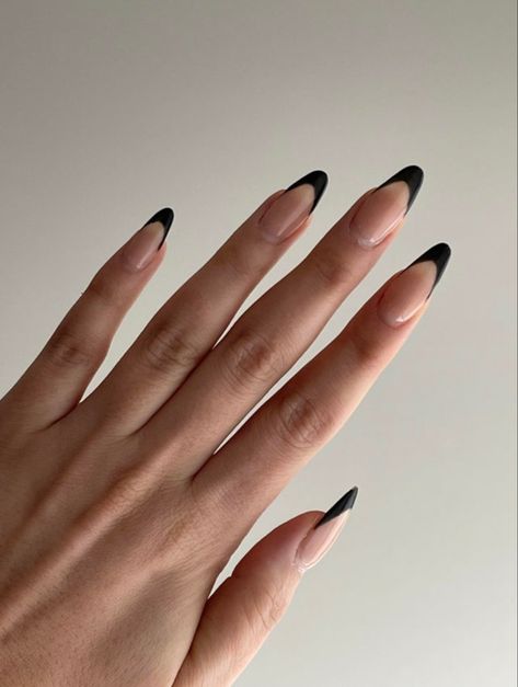 Black Almond Nails Designs Acrylics, Black French Long Nails, Black French Oval Nails, Black French Tip Nails Long Almond Design, Black French Tip Nails Almond Shape, Black Deep French Nails, Black On Black French Tip Nails, Subtle Black Nails, Almond Black Tip Nails