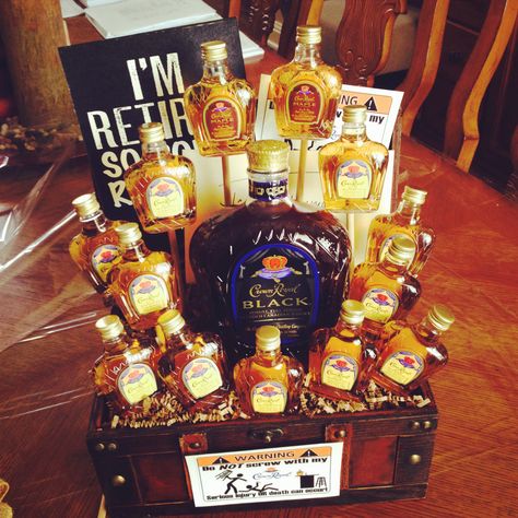 Crown Royal gift basket! Crown Royal Birthday Party, Crown Royal Gift Ideas, How To Make A Liquor Gift Basket, Crown Royal Gift Basket Ideas, Crown Royal Gift Basket, Liquor Prize Basket, Men Liquor Basket, Cheap Valentines Gifts, Liquor Gift Baskets