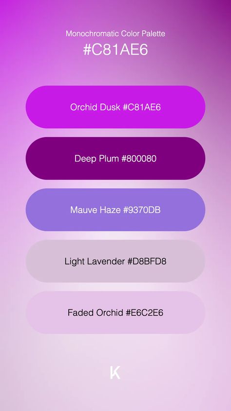 Monochromatic Color Palette Orchid Dusk #C81AE6 · Deep Plum #800080 · Mauve Haze #9370DB · Light Lavender #D8BFD8 · Faded Orchid #E6C2E6 Purple Hex Codes, Purple Pallete Color Code, Lilac Hex Code, Purple Hex Code Palette, Hex Color Palette Purple, Monochromatic Color Palette, Hex Color Palette, Hex Colors, Color Pallets