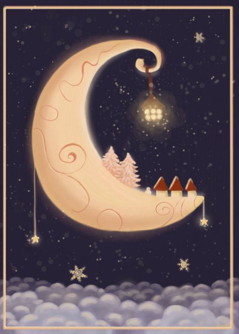 Christmas card 5 :digital: by=anda0105 Christmas Moon, Moon Madness, Moon Dance, Moon Pictures, Moon Illustration, Good Night Moon, Sun Moon Stars, Beautiful Moon, Sun And Stars