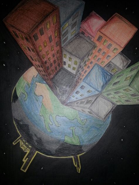 "Build Up, Save Space"  #earth #building #space #drawing #art Future Earth Drawing, Places And Space Art Gcse, Earth Sketch Planet, Creating A New Planet Drawing, Our Earth Our Future Drawing, Earth Drawing, Drawing Feelings, Earth Building, Future Earth