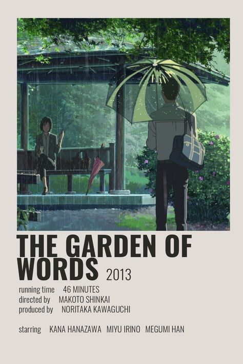 ☆ Minimalist/alternative "The Garden of Words" anime movie poster ☆ Check out my "Anime Posters" board! The Garden Of Words, Garden Of Words, Japanese Animated Movies, Anime Suggestions, Film Posters Minimalist, Poster Anime, Film Anime, Anime Printables, Anime Watch