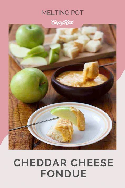 Nothing beats dipping bread and fruit into melted cheese! Make the best appetizer with this easy Melting Pot Cheddar Cheese Fondue copycat recipe. Perfect for a romantic meal, New Year's Eve, or game day football food. Copycat Melting Pot, Cheddar Cheese Fondue Recipe, Cheddar Cheese Fondue, Fondue At Home, Best Cheese Fondue, Easy Cheese Fondue, Cheddar Fondue, Melting Pot Recipes, Cheese Fondue Recipe