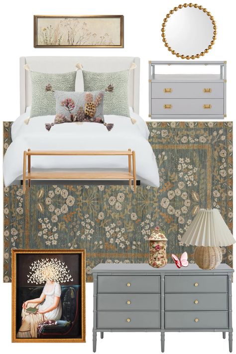 Modern Bedroom Feminine, Millenial Bedroom Interior Design, Romantic Transitional Bedroom, Bedroom Grand Millennial, Southern Inspired Bedroom, Colorful Feminine Bedroom, Floral Guest Bedroom, Classic Eclectic Bedroom, Classic Guest Bedroom