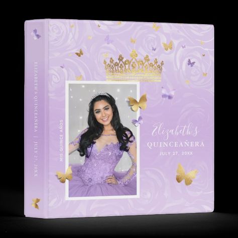 Gold and Light Purple Rose Photo Album Guestbook 3 Ring Binder Quinceanera Guest Book, Diy Tiara, Butterfly Confetti, Quinceanera Photoshoot, Family Tree Designs, Vintage Template, Family Tree Genealogy, Quinceanera Ideas, Flower Tiara