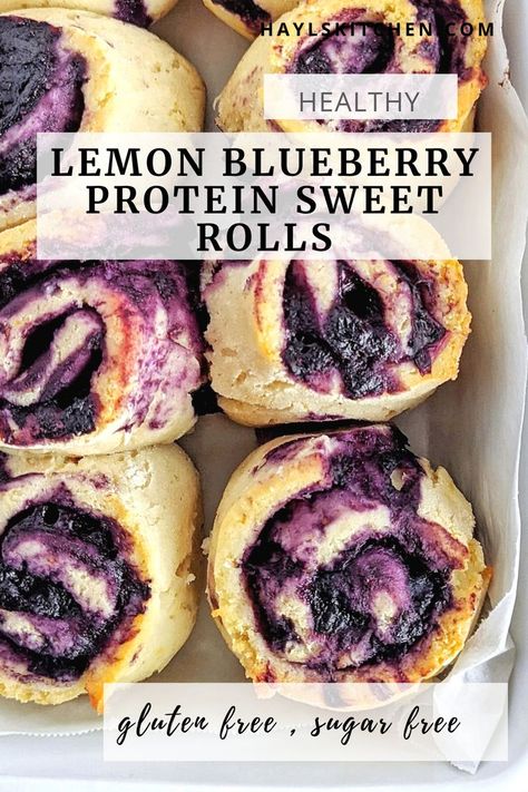 Refreshing and gooey Lemon Blueberry Protein Sweet Rolls with no sugar added. These healthy blueberry sweet rolls use protein powder and Greek yogurt and make a great meal prep breakfast or post workout treat. Protein Powder And Greek Yogurt, Healthy Blueberry Desserts, Frozen Blueberry Recipes, Blueberry Sweet Rolls, Protein Powder Cookies, Blueberry Protein Muffins, Blueberry Snacks, Healthy Blueberry Muffins, Protein Yogurt