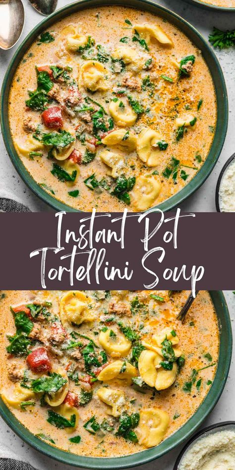 Tortellini Soup Instant Pot, Instant Pot Tortellini Soup, Italian Tortellini Soup, Instant Pot Tortellini, Instapot Soup Recipes, Tortellini Soup With Italian Sausage, Soup With Italian Sausage, Italian Tortellini, Creamy Tortellini Soup