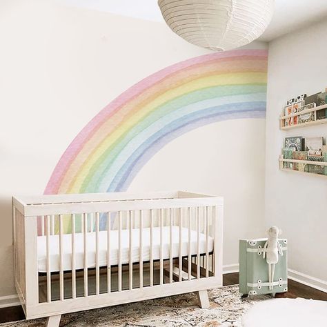 Pastel Rainbow Nursery Theme, Girl Rainbow Room, Rainbow Girls Bedroom, Boho Toddler Room, Rainbow Themed Bedroom, Sisters Bedroom, Pastel Rainbow Nursery, Rainbow Kids Room, Girls Rainbow Bedroom