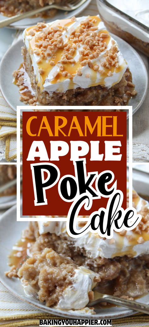 Caramel Apple Poke Cake, this ooey-gooey cake is overflowing with a sweet milk and caramel mixture in every single bite! Caramel Apple Poke Cake, Apple Poke Cake, Caramel Apple Cake Recipe, Caramel Apple Desserts, Butter Pecan Cake, Caramel Apple Cake, Sweet Milk, Dessert Smoothie, Fall Desserts Easy