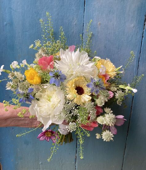 A pretty mix of pinks, whites, yellows and blues to contrast against navy dresses. Pastel Yellow Bridesmaid Dresses, Pink Yellow Weddings, Pastel Blue Wedding, Bright Wedding Bouquet, Blue Yellow Weddings, Blue Flower Arrangements, Yellow Wedding Bouquet, Prom Bouquet, Pink Flower Arrangements