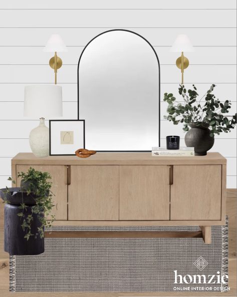 Arched Mirror With Light Above, Entryway Arch Mirror, Arch Mirror Entryway Ideas, Arch Mirror Console Table, Entryway Mirror Inspiration, Mirror And Sconces Living Room, Wall Sconces Entryway, Mirror Over Sideboard, Mirror With Wall Sconces