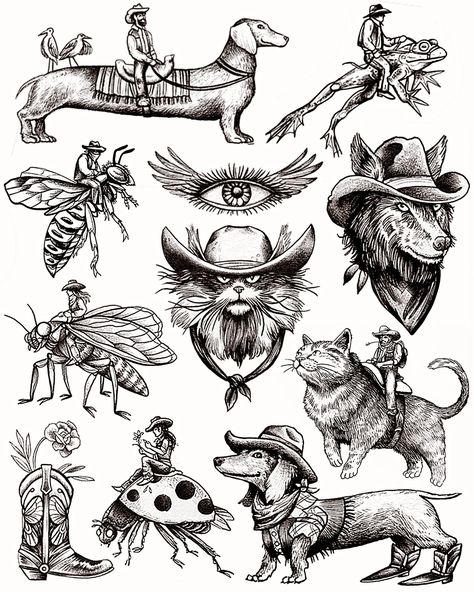 Cue the western theme song whistle 😗🐶🤠 #tattooflashsheet #cowboytattoo #dogtattoos #cowboydog Collar Bone Tattoo Western, Cowboy Theme Tattoo, Cowboy Animal Tattoo, Western Themed Tattoos, Western Tattoos For Men, Western Theme Tattoo, Western Flash Tattoo, Western Flash, Western Style Tattoos