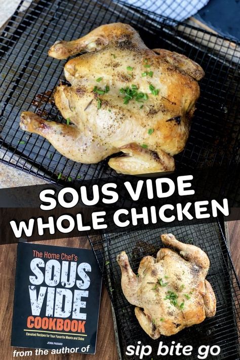 Learn how to sous vide a whole chicken with this step by step guide. Get tips on prep, vacuum sealing + finishing an entire sous vide chicken in the oven so your cook is a success! Roasted sous vide chicken makes a delicious dinner for a crowd. | sipbitego.com #sipbitego #sousvide #chicken #sousvidechicken #dinner #recipes #roastedchicken #chickenbreast #bbq Anova Recipes, Dinner For A Crowd, Instant Pot Sous Vide, Chicken In The Oven, Sous Vide Chicken, Spatchcock Chicken, Whole Chicken Recipes, Sous Vide Recipes, Sous Vide Cooking