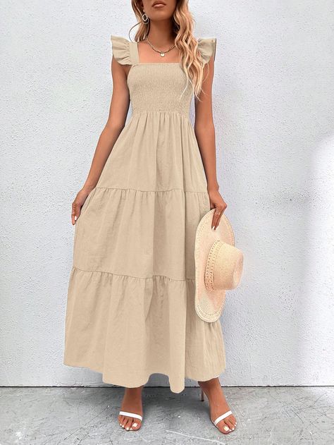 Apricot Casual,Boho Collar Cap Sleeve Fabric Plain A Line Embellished Non-Stretch Summer Women Clothing Spaghetti Strap Dress, Women Maxi, Fashion Gallery, Boho Casual, Kids Sleepwear, Colourful Outfits, Strap Dress, Spaghetti Strap Dresses, Womens Maxi Dresses