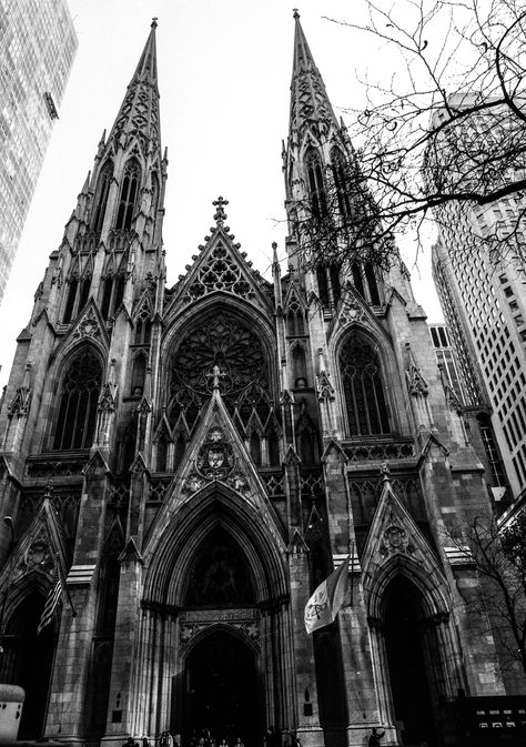 St. Patrick's Cathedral iin Black and White, NYC, NY Black And White Nyc, Gothic Architecture Interior, Goth Architecture, Black And White Building, St Patrick's Cathedral, Gothic Windows, Gothic Buildings, Gothic Castle, Gothic Cathedrals