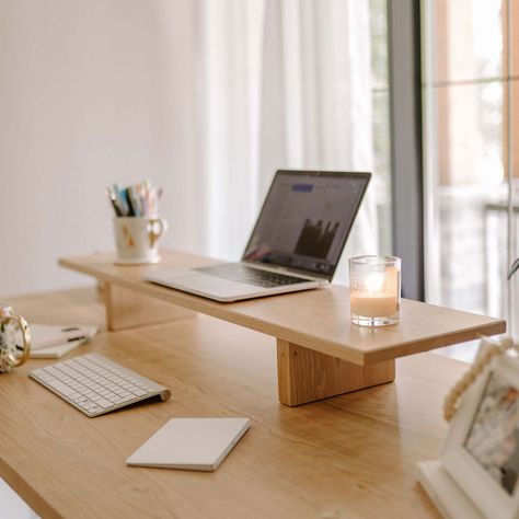 Monitor Stand - Wooden Desk Shelf | Ergonofis Ikea Desk Hack, Desk Size, Decor Ikea, Desk Shelf, Adjustable Standing Desk, Sit Stand Desk, Monitor Stand, Desk Shelves, Adjustable Desk