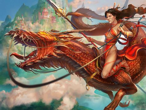 Riding Dragon, Asian Dragon, Female Dragon, Japanese Dragon, Dragon Rider, Creature Drawings, Dragon Tattoo, Drawing Techniques, Card Game