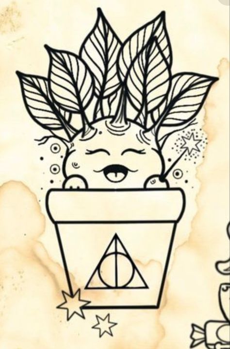 Mandrake Drawing, Harry Potter Stencils, Harry Potter Lines, Tattoo Para, Harry Potter Mandrake, Harry Potter Decal, Pop Culture Tattoos, Harry Potter Coloring Pages, Imprimibles Harry Potter