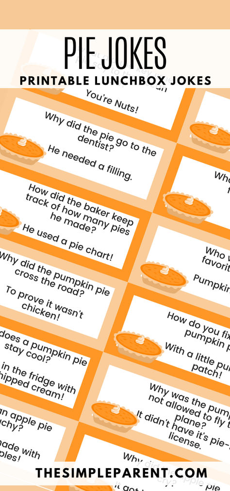 These pie jokes for kids will have everyone laughing! From pumpkin and cherry to apple and pecan, these jokes are all about your favorite pies. Plus, download our free printable to keep the laughs coming! They're perfect for lunchbox notes! Pie Contest Judging Sheet, Thanksgiving Lunchbox Jokes, Pumpkin Jokes, Pie Puns, Pie Quotes, Pie Game, Pie Pecan, Thanksgiving Baskets, Lunchbox Jokes