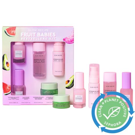 Fruit Babies Bestsellers Kit - Glow Recipe | Sephora Glow Recipe Fruit Babies, Glowing Skin Routine, Oily Skincare, Dior Addict Lip Glow, Sephora Skin Care, Baby Cleaning Products, Glow Recipe, Healthy Skin Tips, Oily Skin Care