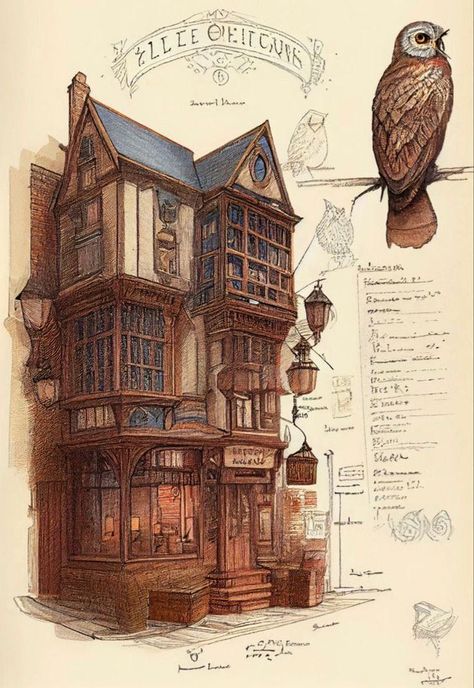 Dnd Tavern Exterior, Fantasy Tavern Exterior Concept Art, Fantasy Tavern Exterior, Steampunk Exterior, Steampunk House Exterior, Tavern Exterior, Modern Green House, House Design Concept, Green House Ideas