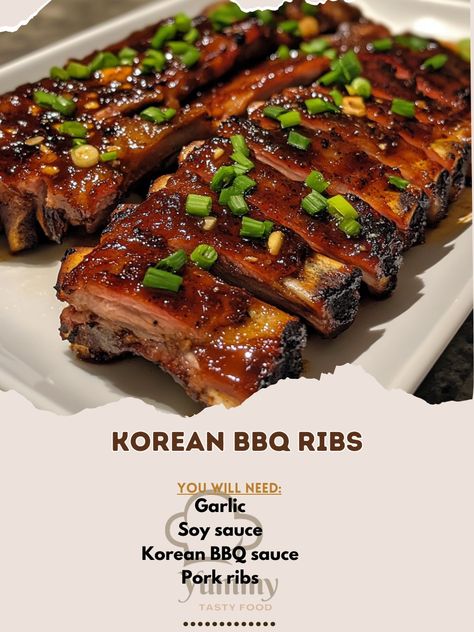 🍖 "Savor the smoky, savory goodness of Korean BBQ Ribs—a delectable dish that’s perfect for any grilling occasion!" 🍖🔥 #KoreanBBQ #RibLovers Korean BBQ Ribs Ingredients: Pork ribs (2 lbs) Korean BBQ sauce (1 cup) Soy sauce (2 tbsp) Garlic (3 cloves, minced) Ginger (1 tbsp, minced) Green onions (for garnish) Instructions: Preheat oven to 300°F (150°C). Rub ribs with garlic and ginger, and place in a baking dish. Pour Korean BBQ sauce and soy sauce over ribs. Cover with foil and bake for 2.... Asian Style Pork, Korean Bbq Ribs, Korean Bbq Sauce, Rib Sauce, Garlic And Ginger, Bbq Ribs, Korean Bbq, Pork Dishes, Pork Ribs