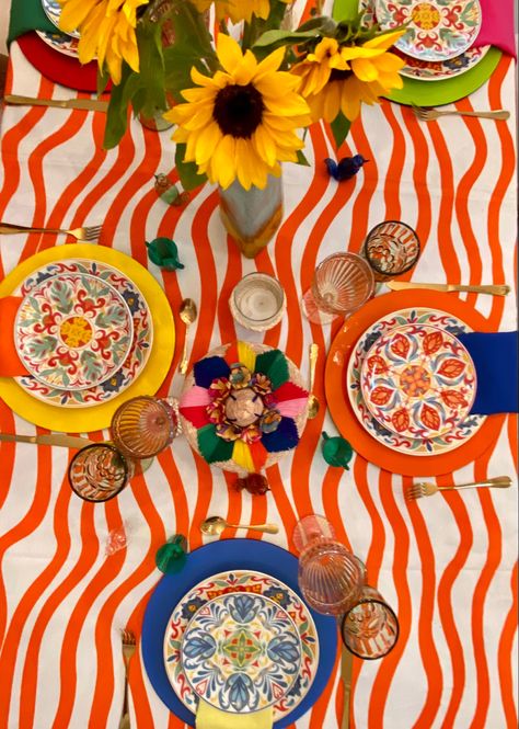 Funky Table Decor, Maximalist Table Setting, Anthropologie Tablescape, Eclectic Table Settings, Colorful Table Setting, Italian Pattern, Orange Table, Dinner Party Table, Kids Plates