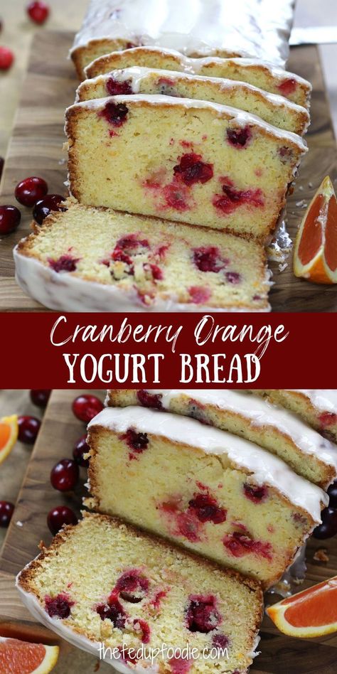 Photo collage of partially sliced Cranberry Orange Bread surrounded with orange slices and fresh cranberries. Fresh Cranberry Recipes Baking, Orange Quick Bread, Cranberry Orange Bread Recipe, Orange Cranberry Bread, Orange Bread Recipe, Orange Yogurt, Yogurt Bread, Orange Bread, Cranberry Orange Bread