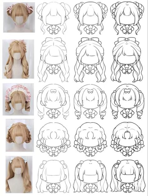 Cute Hair For Drawing, How To Draw Chibi Hair Step By Step, Chibi Hair Styles, Chibi Hair Female, Flirty Expression Reference, Chibi Art Style Hair, Cute Chibi Hairstyles, Chibi Hair Reference, Drawing Without Color