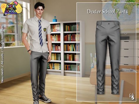 The Sims Resource - Dexter School Pants for men Sims 4 School, Sims 4 Hair Male, Sims 4 Male Clothes, School Pants, The Sims 4 Packs, Male Clothing, Sims 4 Collections, Sims 1, Henley Tee