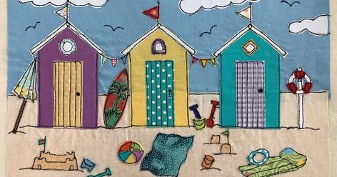 Beach Hut Applique, Beach Hut Quilt Pattern, Seaside Applique Ideas, Beach Applique, Free Embroidery Patterns Machine, Appliqué Designs, Appliqué Patterns, Stitching Designs, Appliqué Ideas