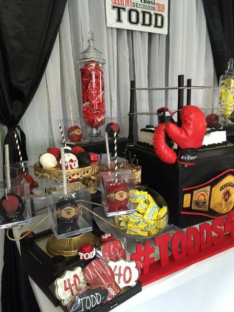 Boxing Theme Dessert Table and Decor @dazzlingpartydesigns Mma Themed Birthday Party, Boxing Party Ideas, Boxing Party Centerpieces, Boxing Themed Birthday Party, First Birthday Boxing Theme, Boxing Party Theme, Boxing Birthday Party Ideas, Boxing Party Decorations, Boxing Theme Cake