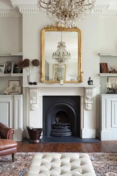 Cotswolds Fireplace, Nyc Fireplace, Mirror Above Fireplace Mantle, Parisian Fireplace, French Style Fireplace, Statement Fireplace, Mirror Over Fireplace, Art Fireplace, Antique Living Room