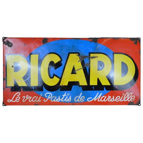 1930s Vintage French Enamel Metal Ricard Pastis Advertising Sign Art Deco Sign, Pernod Ricard, French Poster, Company Slogans, Italian Art, Advertising Signs, Type Design, Vintage Italian, Sign Art