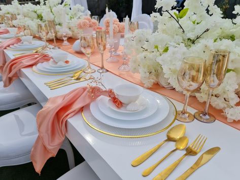 Peach Tablescape, Peach Table Setting, Gold Table Setting, Spring Table Decor, Wedding Set Up, Spring Table, Dinner Sets, High Tea, Tablescapes