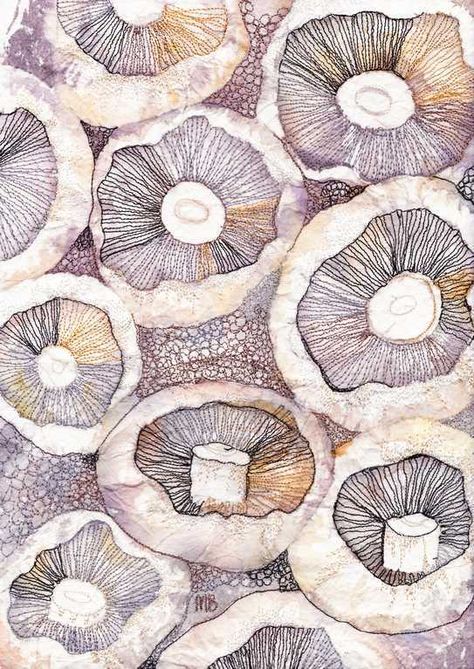 Mushrooms 3   -   Textile Art by Marion Browning.B.A. hons. Marion Browning, Textiles Sketchbook, Natural Form Art, A Level Textiles, Gcse Art Sketchbook, Mushroom Drawing, Mushroom Art, A Level Art, Free Machine Embroidery